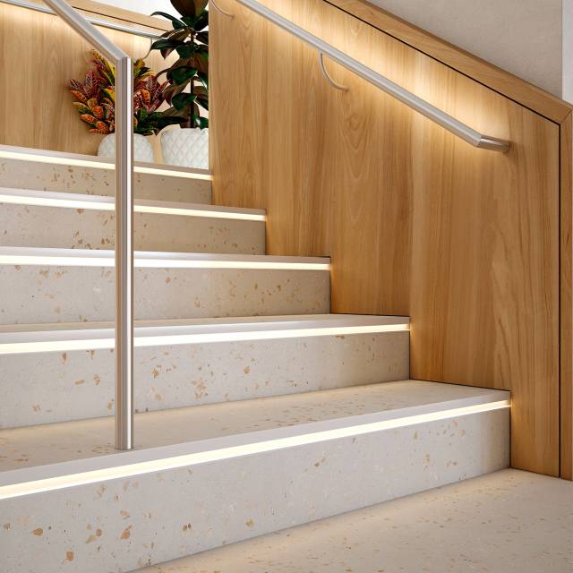 Promotional atmosphere created using Novopeldano Eclipse® Aura, showing a suggestion for one possible use of this product. EMAC® does not manufacture, sell or supply any LED strip whatsoever with this product. The choice of LED strip should be undertaken by the installer, taking into account the circumstances of the installation site.